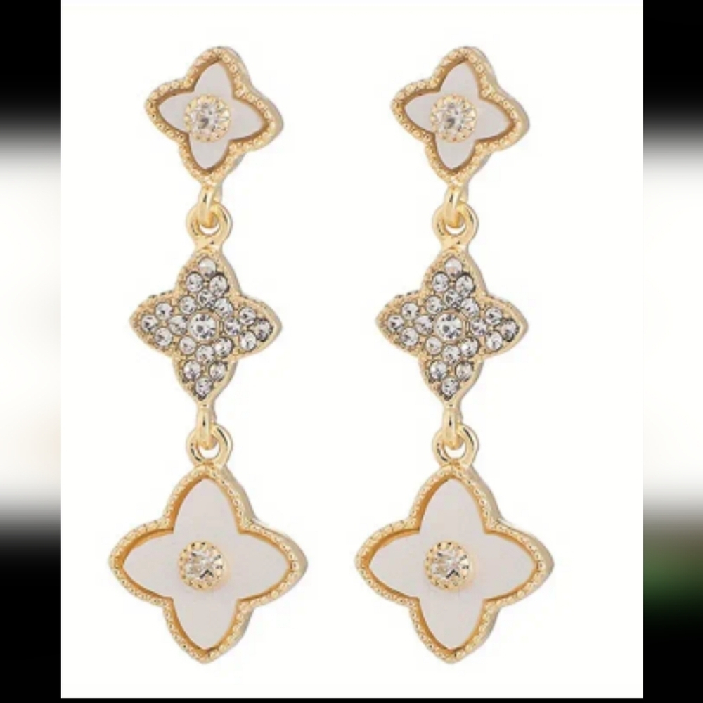 Floral Flower Enamel Rhinestone Dangle 1.5" Earrings Gold Tone